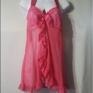 Hot pink lacey see through babydoll nighty tie back size XL